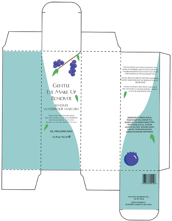 A light blue and white box with a branch of blueberries and leaves spread across the box with the text gentle eye makeup remover there are small text and a blueberry in the corner